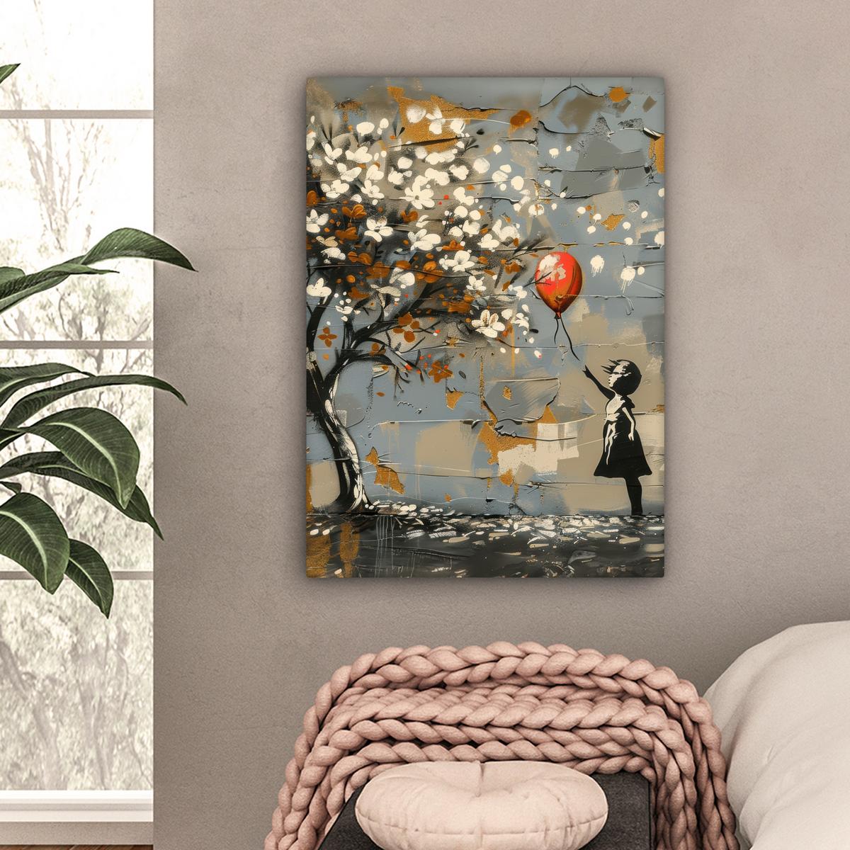 LEINWANDBILD Baum - Graffiti - Banksy-Stil - Ballon-Mädchen Wandbild Wohnzimmer 60x80 cm - Blaugrau, Textil (60/80cm) - MuchoWow