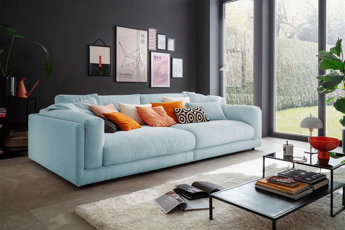 BIG SOFA RAINA Hellblau Cord - Schwarz/Hellblau, Kunststoff/Textil (254/85/150cm) - KAWOLA