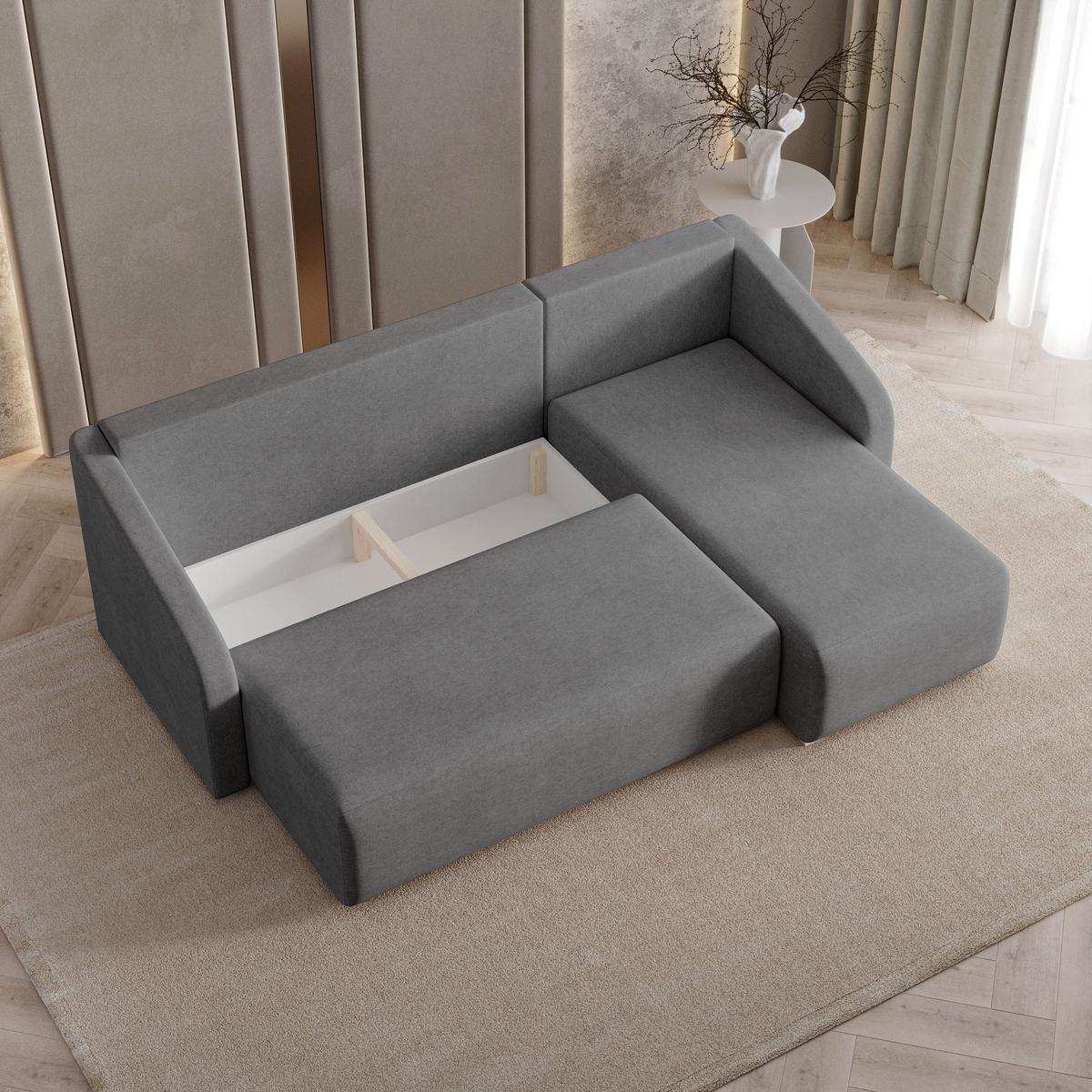 ECKSOFA MARELLO Grau Geflochtener Stoff mit Schlaffunktion - Grau, Holz (220/143cm) - MASSENO