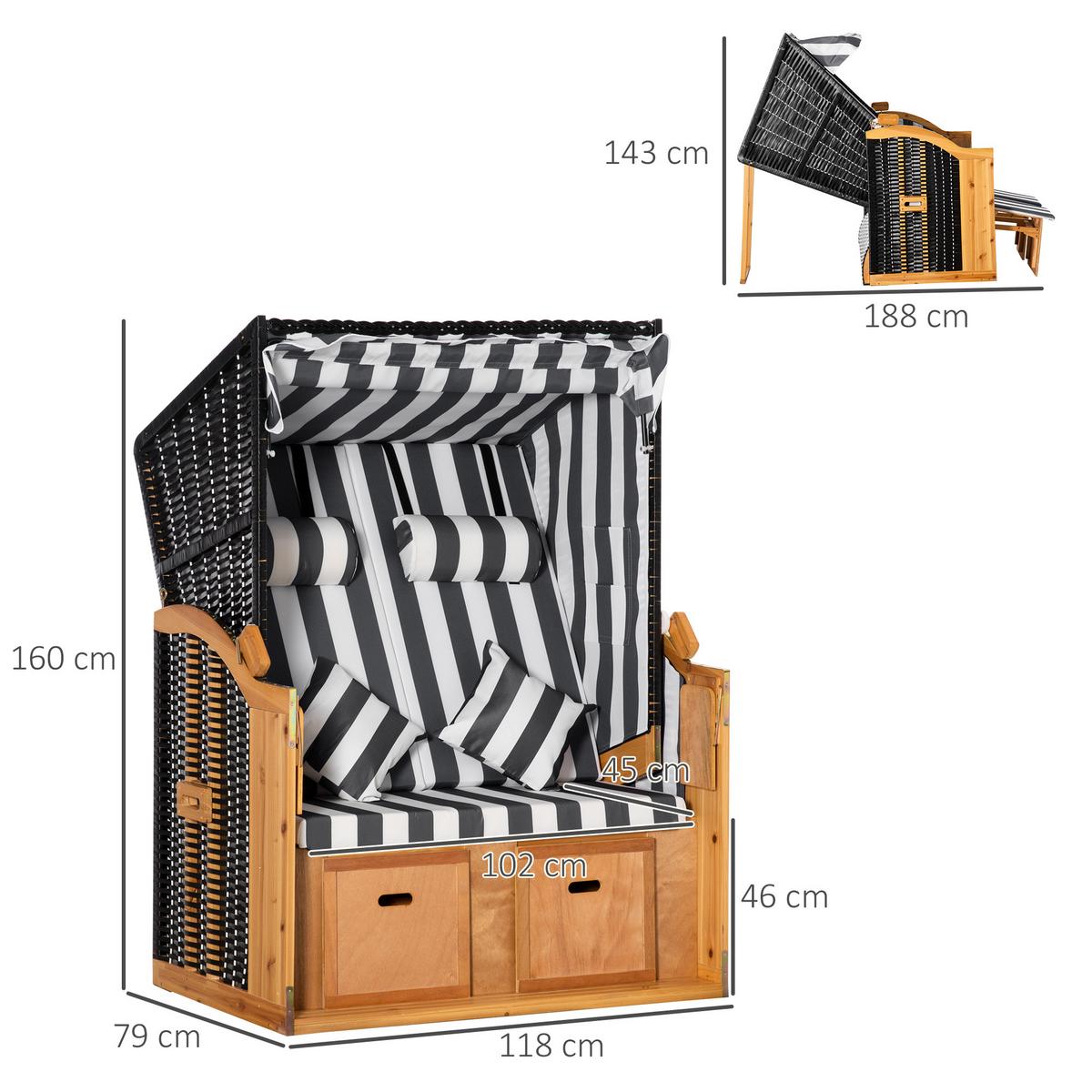 DOPPELTE Sonnenliege mit Dach 5-stufige Rückenlehne PE-Rattan Grau+Weiß 118 x 79 x 160 cm - Grau, Kunststoff (79/160/118cm) - Outsunny