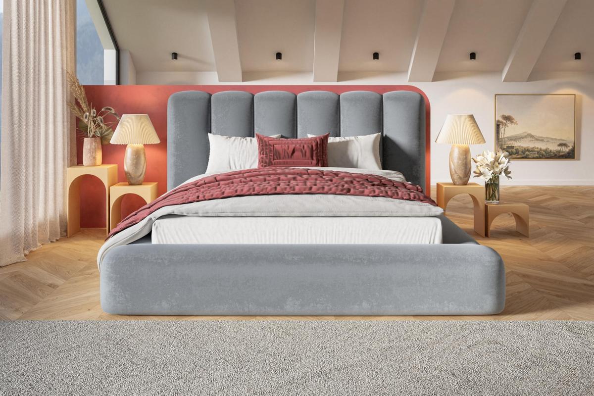 BETT 140x200 - Polsterbett mit Bettkasten und Metallrahmen - Modern Bett - Eleganter Jasmine-Stoff - Kollektion Alva Maxi - Hellgrau - Hellgrau, Holz/Textil (140/200cm) - Alpi-Möbel
