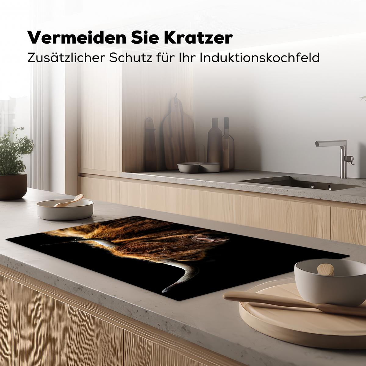 HERDABDECKPLATTE Schottischer Highlander - Hörner - Schwarz - Tiere - Natur - Wild - Kuh Induktionsschutz 91.2x52 cm - Cognac, Kunststoff (91.2/52/0.2cm) - MuchoWow