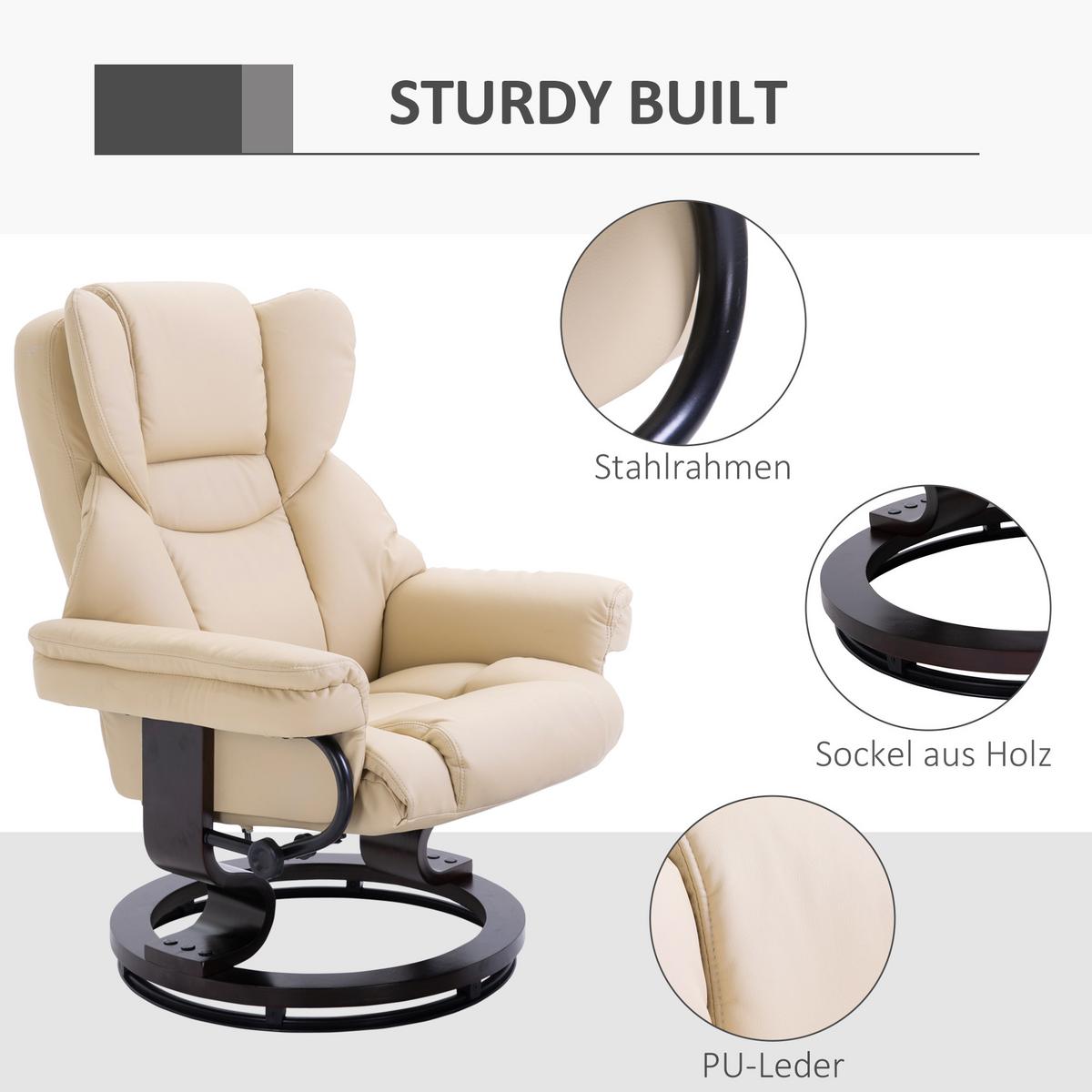 RELAXSESSEL mit Hocker, drehbarer Fernsehsessel, TV-Sessel mit Liegefunktion - Creme/Schwarz, Holz/Kunststoff (79/100/80cm) - HOMCOM