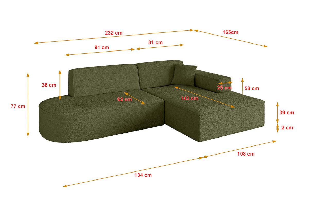 ECKSOFA Ottomane Rechts IREA-L1-v4 - 232x165x77 cm Grün - Platinfarben/Olivgrün, Holzwerkstoff/Textil (232/165cm) - ALTDECOR