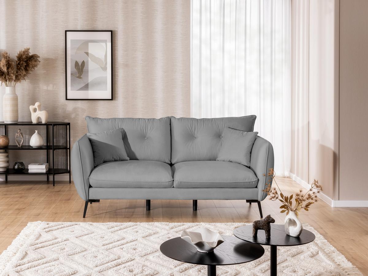 3-SITZER-SOFA Nordloft Hellgrau Samt - Hellgrau/Schwarz, Holz/Textil (204/86/100cm) - S-Style Möbel