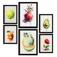POSTER Set Mit 6 Sommerfrüchte Plakate Von Obst Gemüse & Gesunden Lebensmitteln Im Aquarell Kunst Auf Reinweißen A3 & A4 Schwarzer Rahmen - Schwarz, Papier (29/3cm) - Nacnic