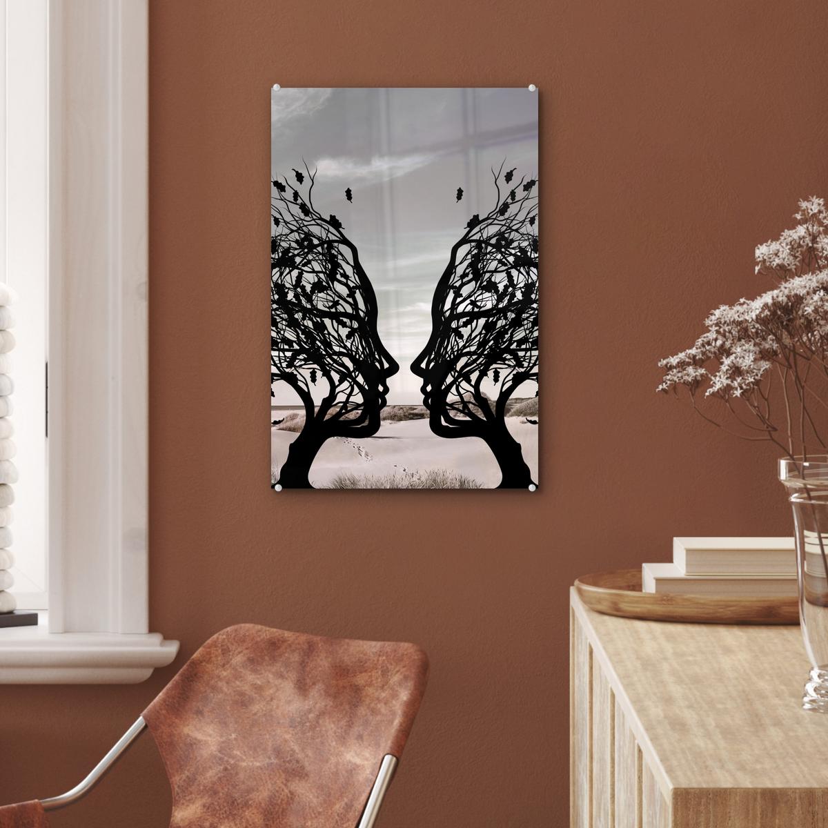 ACRYLGLASBILD Strand - Meer - Menschen - Baum - Moderne Kunst Wanddeko Wohnzimmer 40x60 cm - Hellgrau, Glas (40/60cm) - MuchoWow