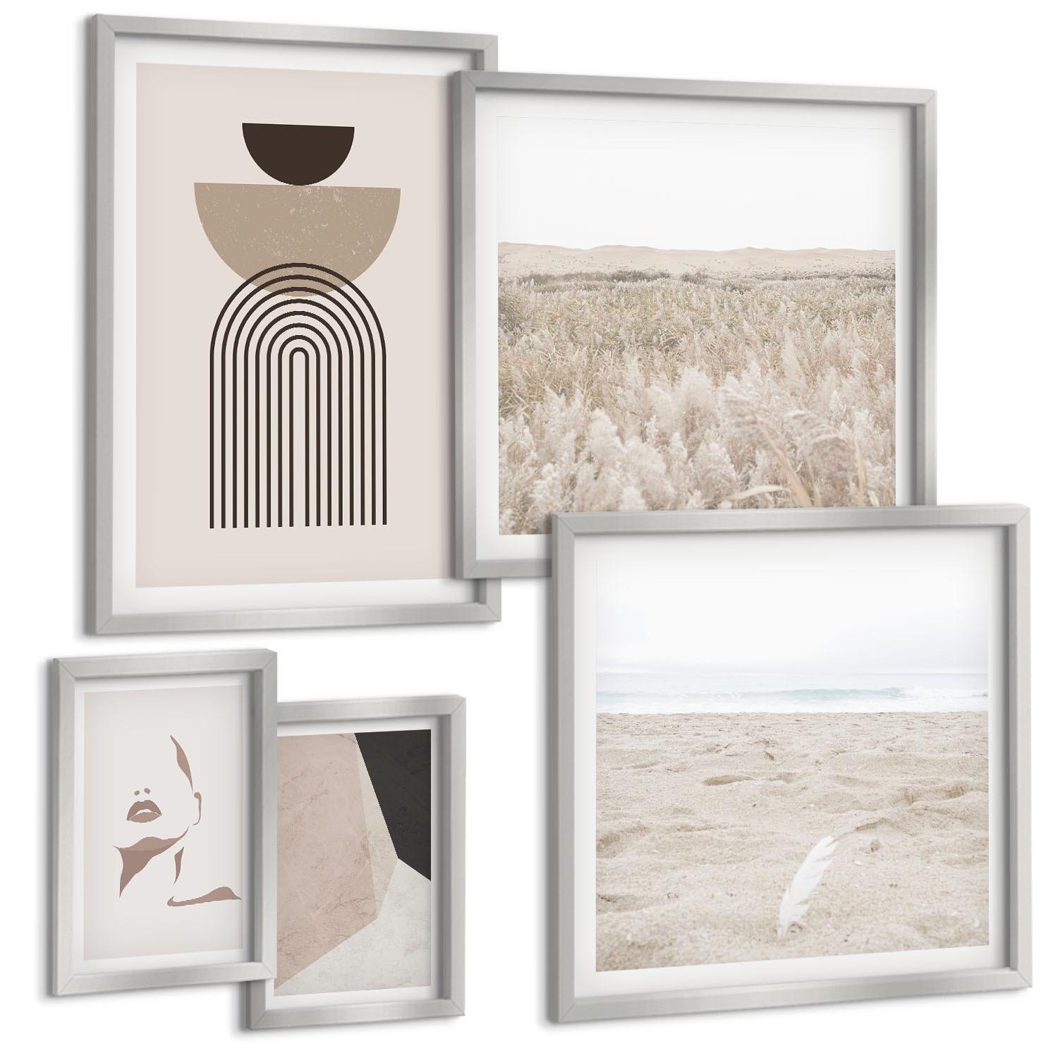 BILDER SET 5er Set - 50x50 cm & 20x30 cm & 40x60 cm Silberner Rahmen - Abstrakte weiß-braune Muster - Silberfarben, Kunststoff (40/60cm) - TULUP