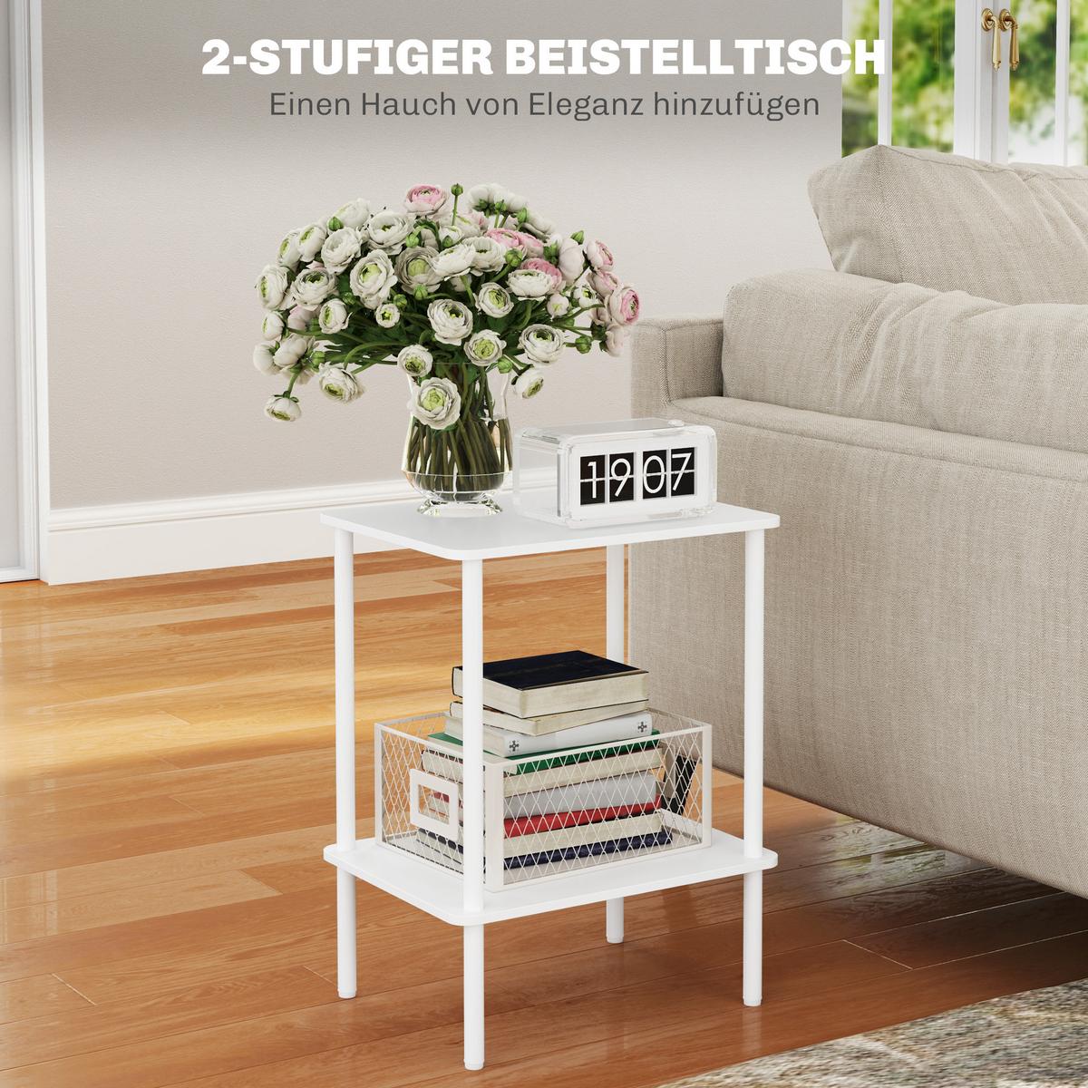 BEISTELLTISCH, 2-stufiger Couchtisch mit Aufbewahrungsfach und Metallrahmen, Weiß - Weiß, Holzwerkstoff (40/30/52.2cm) - HOMCOM