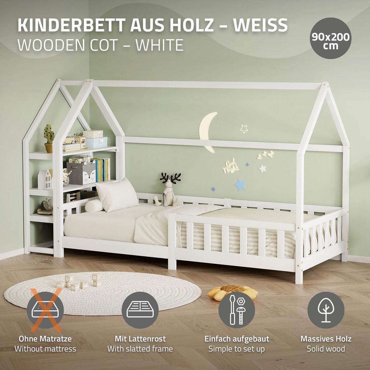 KINDERBETT 90x200 cm mit Rausfallschutz & Regal Weiß aus Kiefernholz - Weiß, Holz (90/200cm) - ML-DESIGN