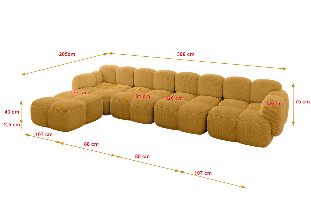 ECKSOFA modulares Sofa Links Miko-L3 390x205x75 Senfgelb Cord - Schwarz/Honig, Holzwerkstoff/Kunststoff (390/205cm) - ALTDECOR