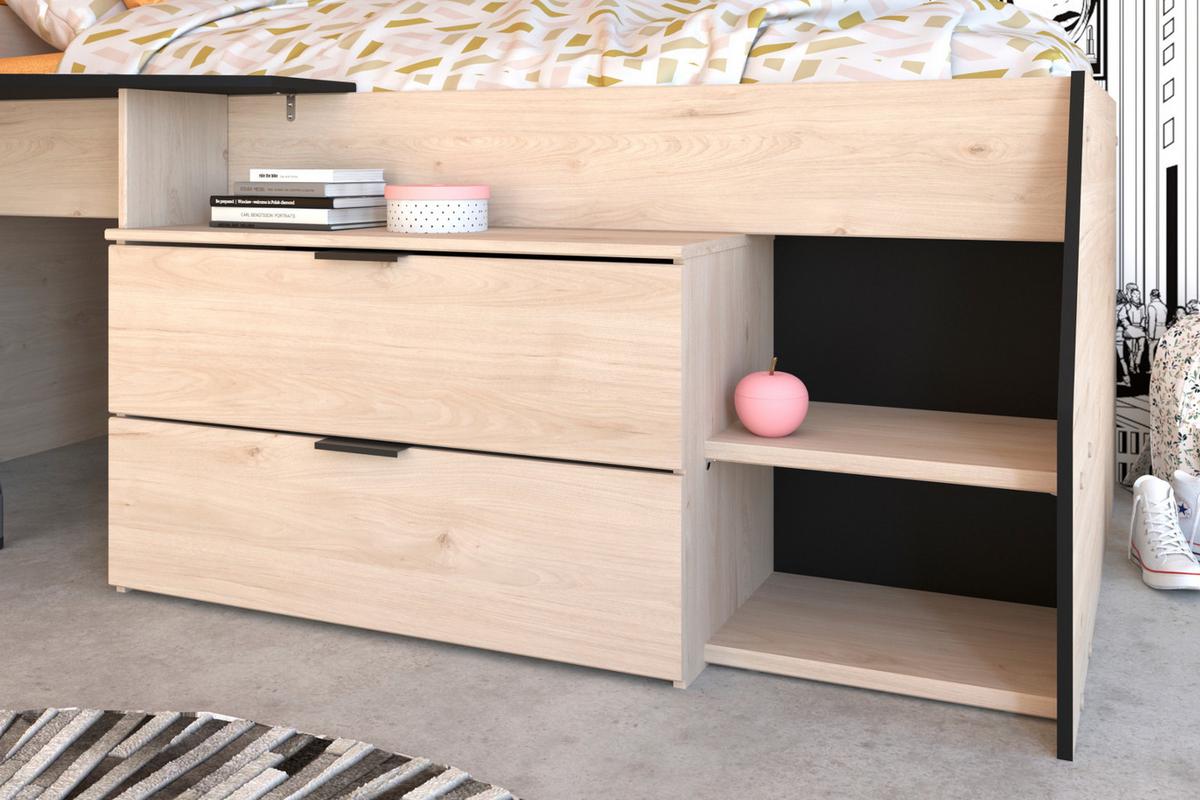 HOCHBETT Jugendzimmer Bett 90 x 200 cm 2x Schubkasten, Stauraum - Eichefarben/Schwarz, Holz/Holzwerkstoff (90/200cm) - Parisot Meuble