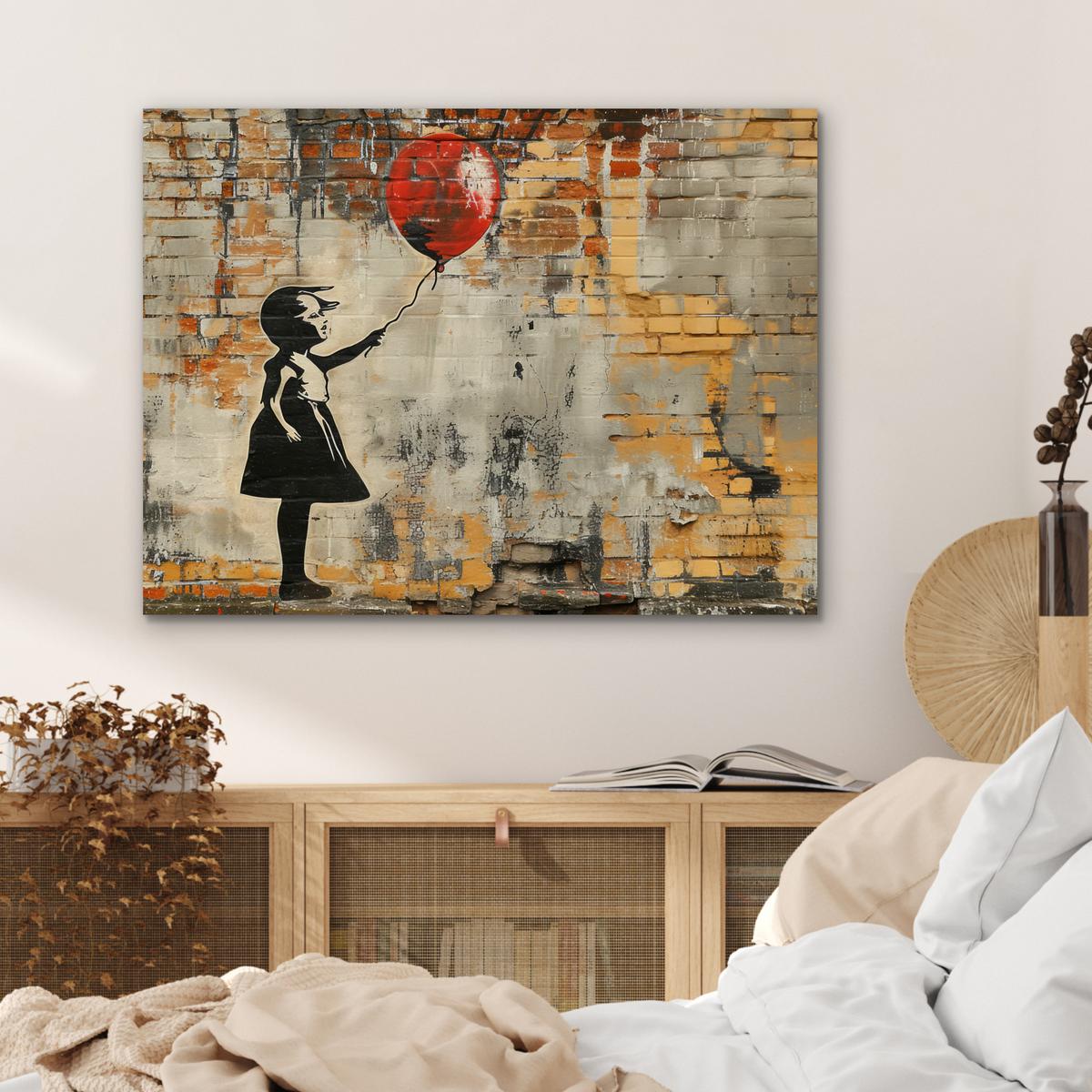 METALLBILD Graffiti - Banksy - Mädchen - Straßenkunst 80x60 cm - Sandfarben, Metall (80/60cm) - MuchoWow