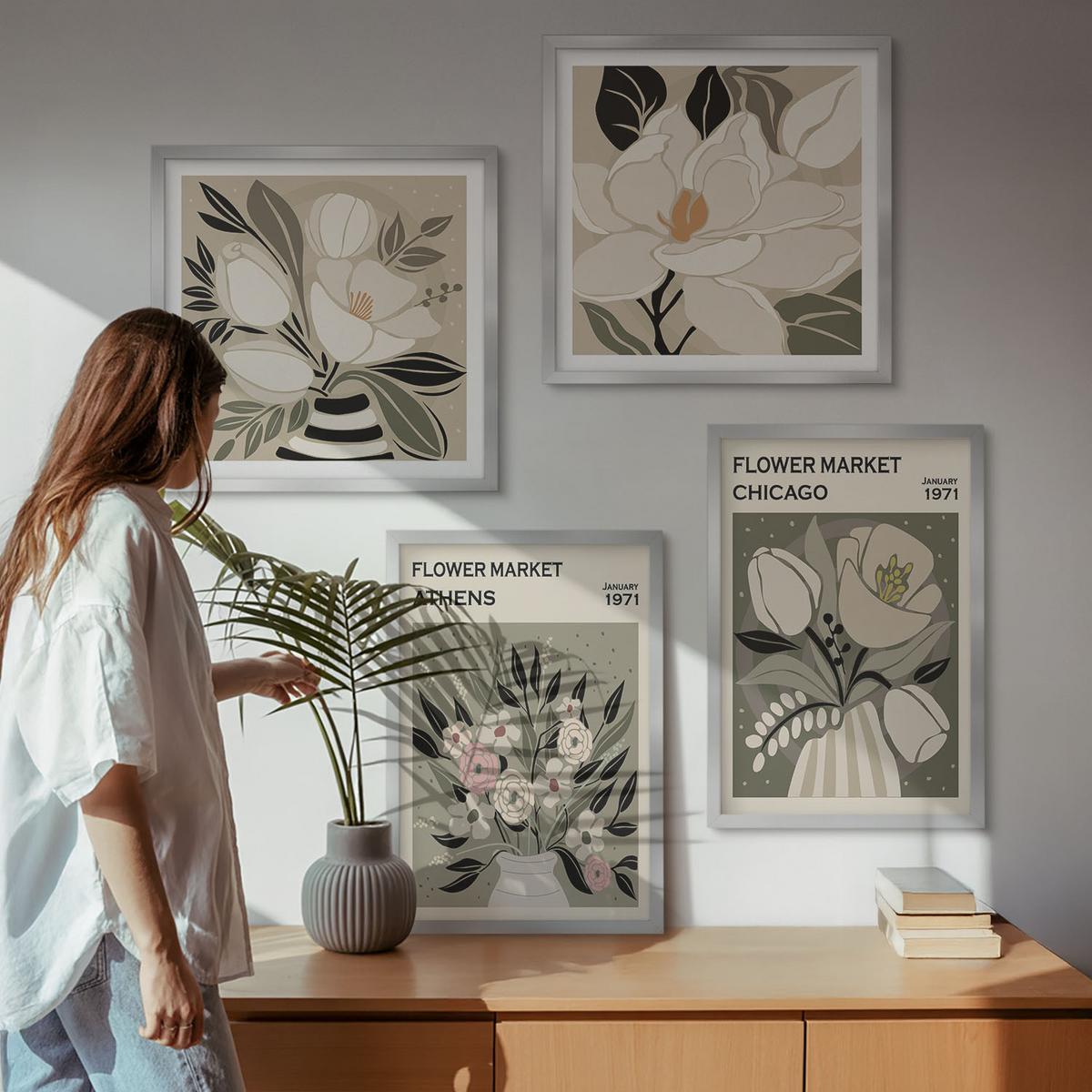 BILDER SET 4er Set - 50x50 cm & 40x60 cm Silberner Rahmen - Retro-Blumenmuster aus verschiedenen Städten - Silberfarben, Kunststoff (50/50cm) - TULUP