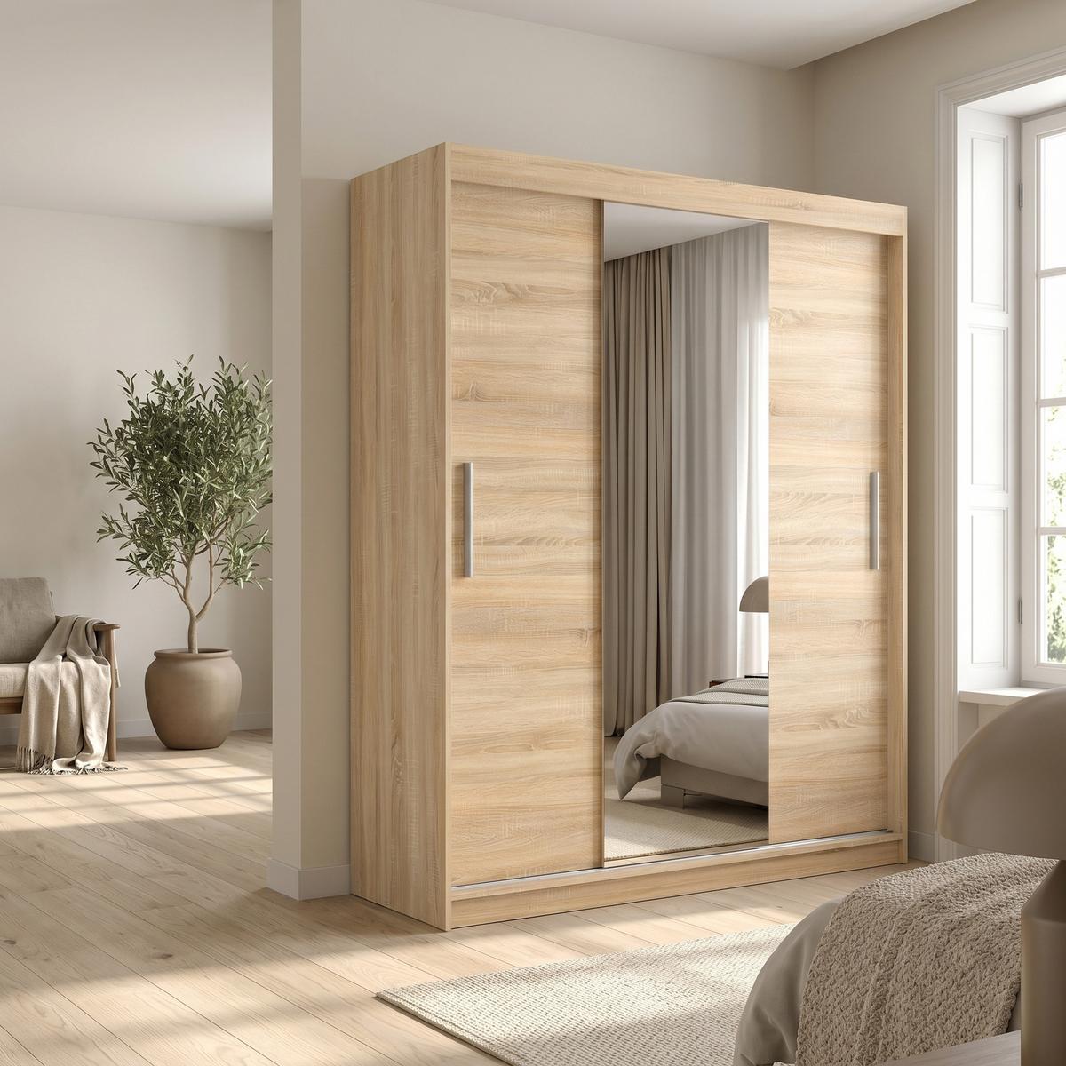 SCHWEBETÜRENSCHRANK VIVA 180/215,5/59cm 2-türig mit Spiegel Sonoma Eiche - Sonoma Eiche, Holzwerkstoff (180/215.5/59cm) - MASSENO