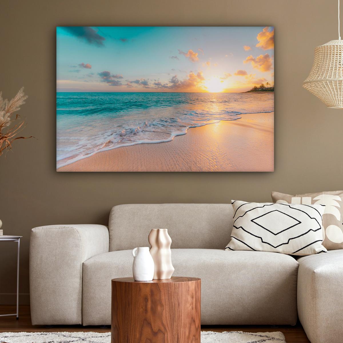 LEINWANDBILD Sonnenuntergang - Strand - Meer - Sommer - Blau Groß 140x90 cm - Multicolor, Textil (140/90cm) - MuchoWow