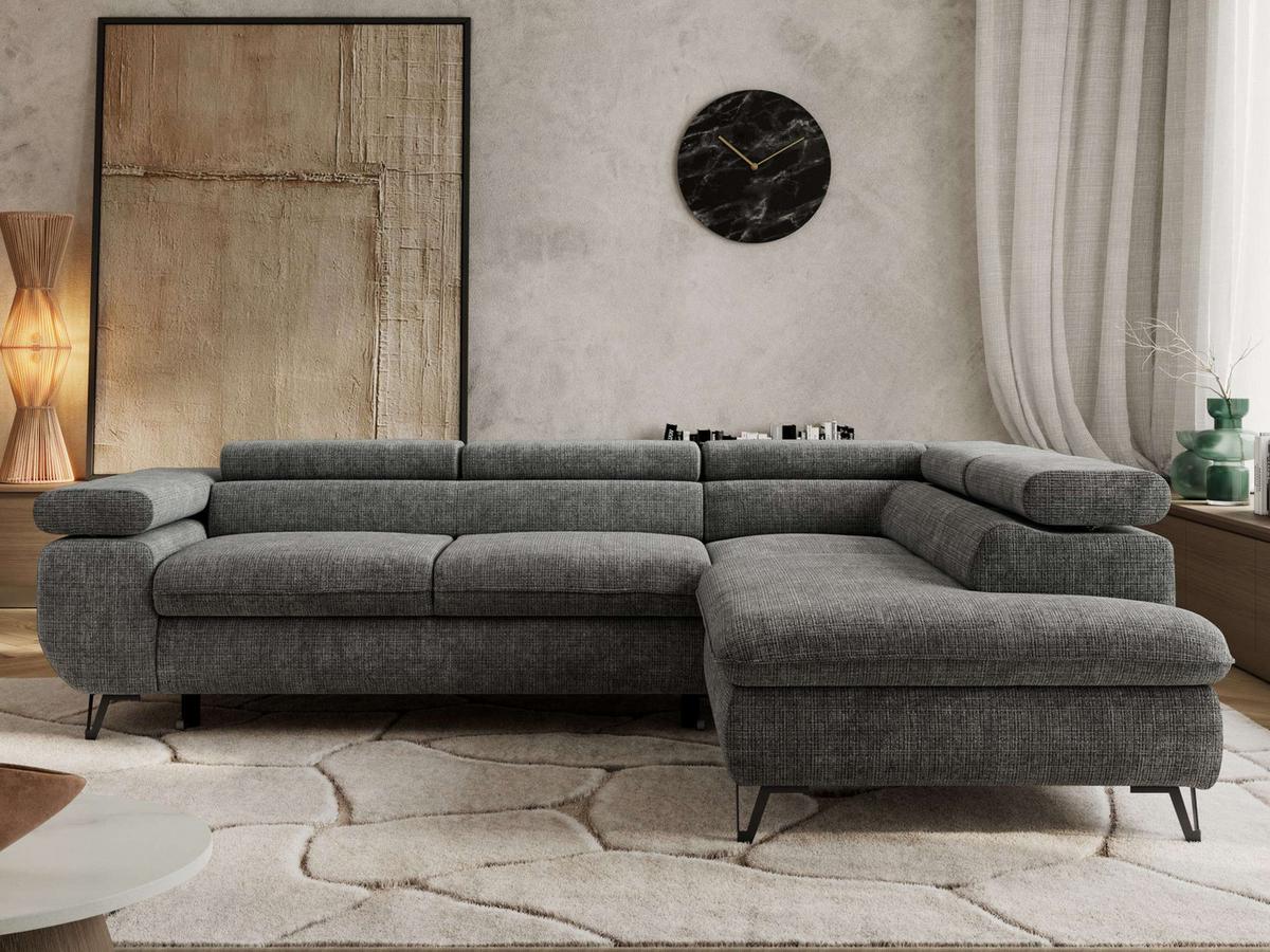 ECKSOFA PABLO L Grau Schenille grob gewebt - Rechts Seite - Schwarz/Grau, Textil/Metall (273/208cm) - MKS