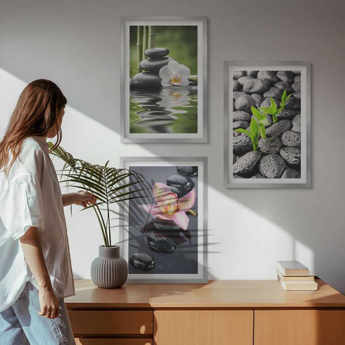 BILDER SET 3er Set - 40x60 cm Silberner Rahmen - Eine ruhige Zen-Komposition aus Blumen und Wasser - Silberfarben, Kunststoff (40/60cm) - TULUP