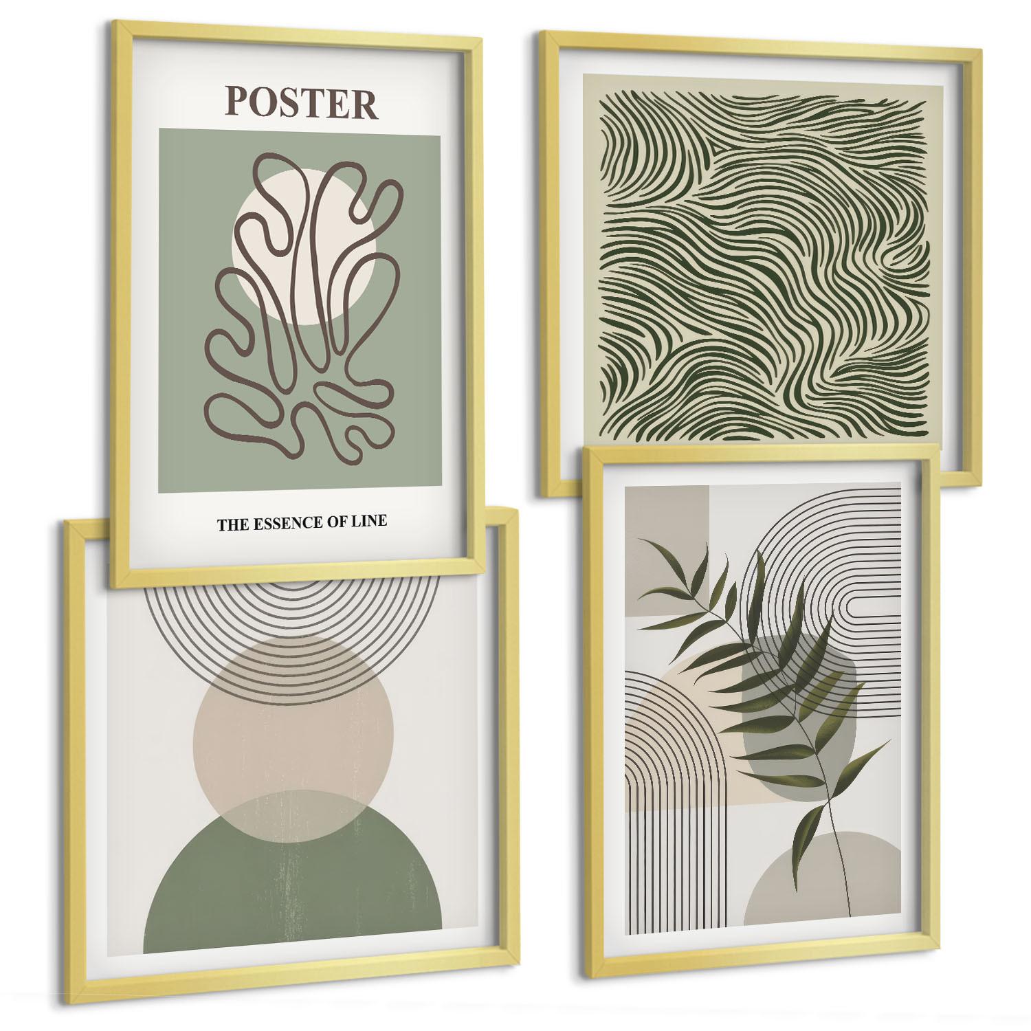 BILDER SET 4er Set - 50x50 cm & 40x60 cm Goldrahmen - Geometrische botanische Muster - Goldfarben, Kunststoff (50/50cm) - TULUP