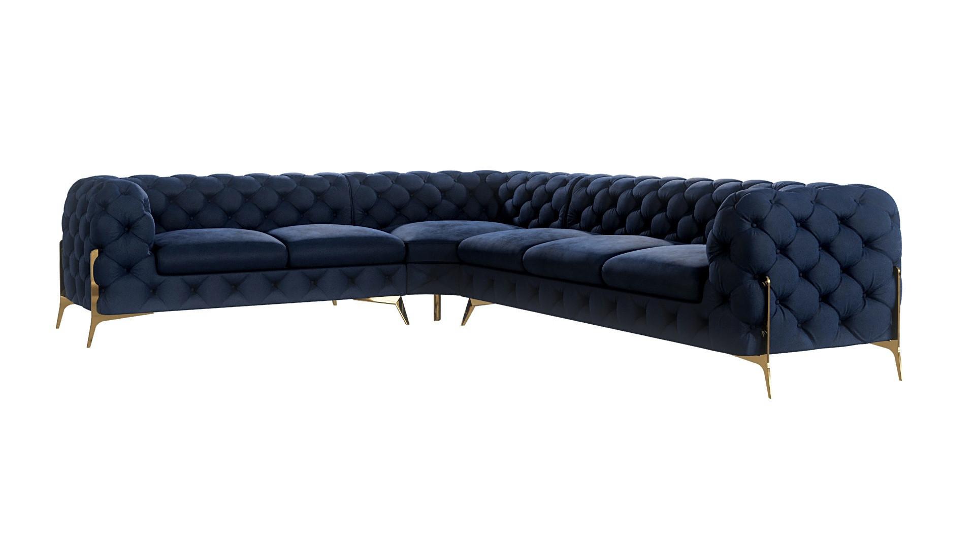 ECKSOFA Chesterfield Lexi Marineblau Samt, langer Schenkel rechts - Goldfarben/Dunkelblau, Holz/Textil (323/264cm) - S-Style