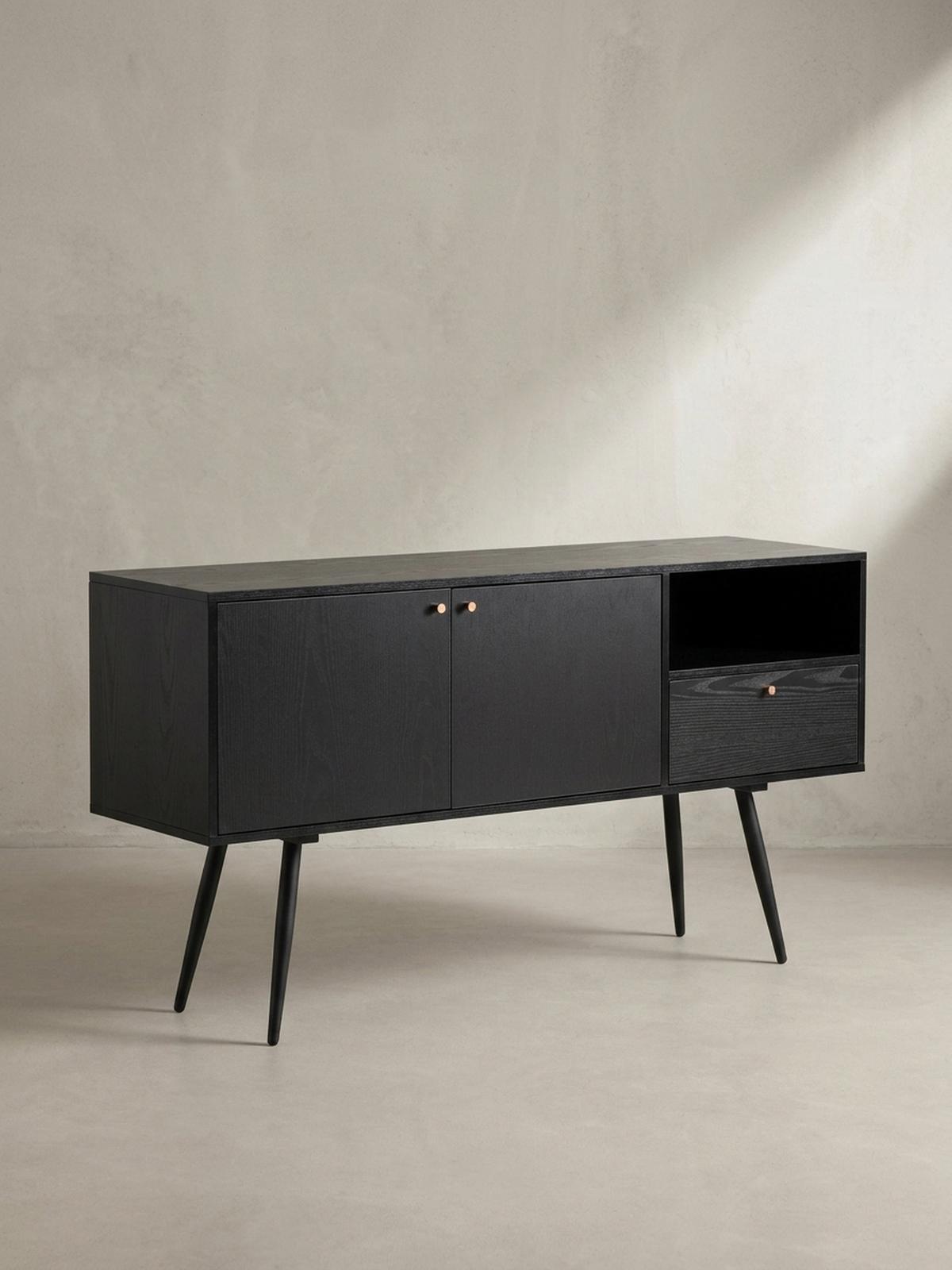 SIDEBOARD – Schwarz/Eiche-Dekor, 140x75x40 cm, mit 2 Türen, Schublade, offenes Fach - Schwarz, Holzwerkstoff/Metall (140/75/40cm) - KADIMA DESIGN