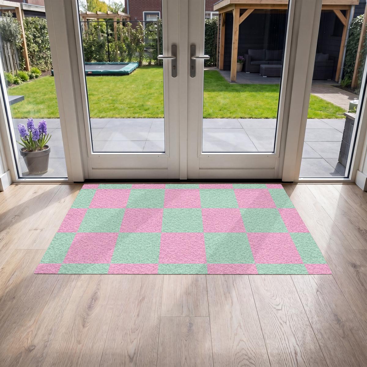 FUSSMATTE Schachbrettmuster - Grün - Rosa - Würfel Fußabtreter 150x90 cm - Mintgrün, Kunststoff (150/0.4cm) - MuchoWow