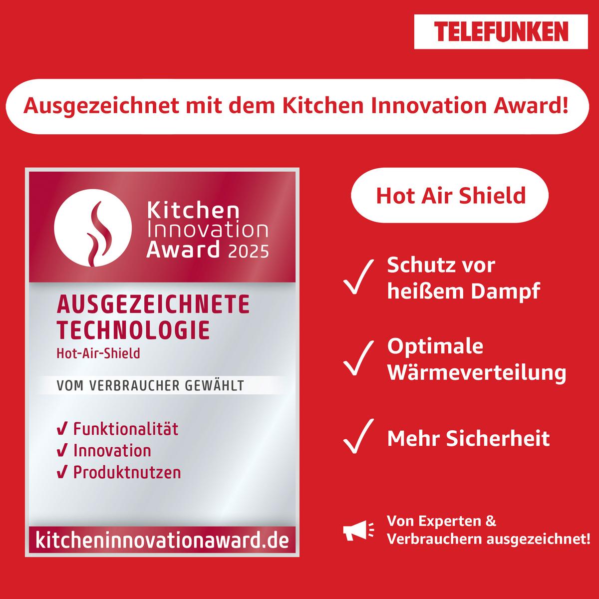 HERDSET, Backofen mit Grill und Umluft, Rahmenloses Glaskeramik-Kochfeld mit 4 Zonen, Hot Air Shield, 65 Liter, 60 cm, Edelstahl - Schwarz, Keramik/Metall (59.5/59.5/57cm) - Telefunken