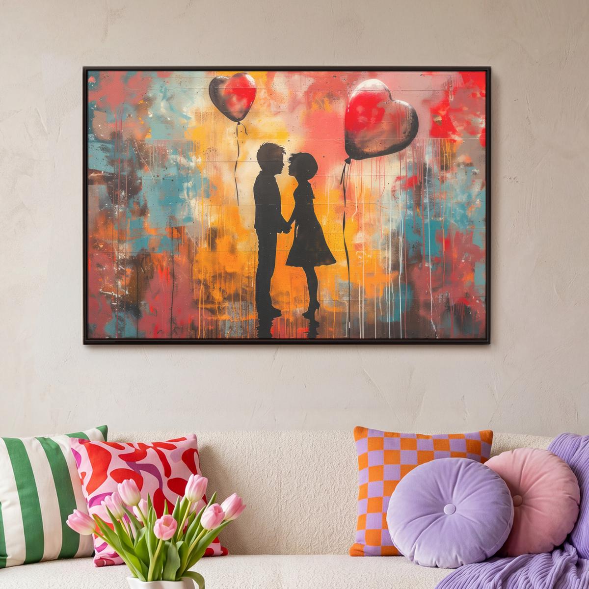 LEINWAND Bilder mit Rahmen - Straßenkunst - Liebe - Graffiti - Kunst - Banksy - 90x60 - Orange, Textil (90/60cm) - MuchoWow