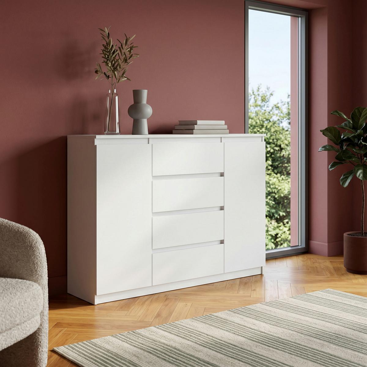 KOMMODE NUDO 138,5/101,5/39cm mit 4 Schubladen 2 Türen Weiß - Weiß, Holzwerkstoff (138.5/101.5/39cm) - MASSENO