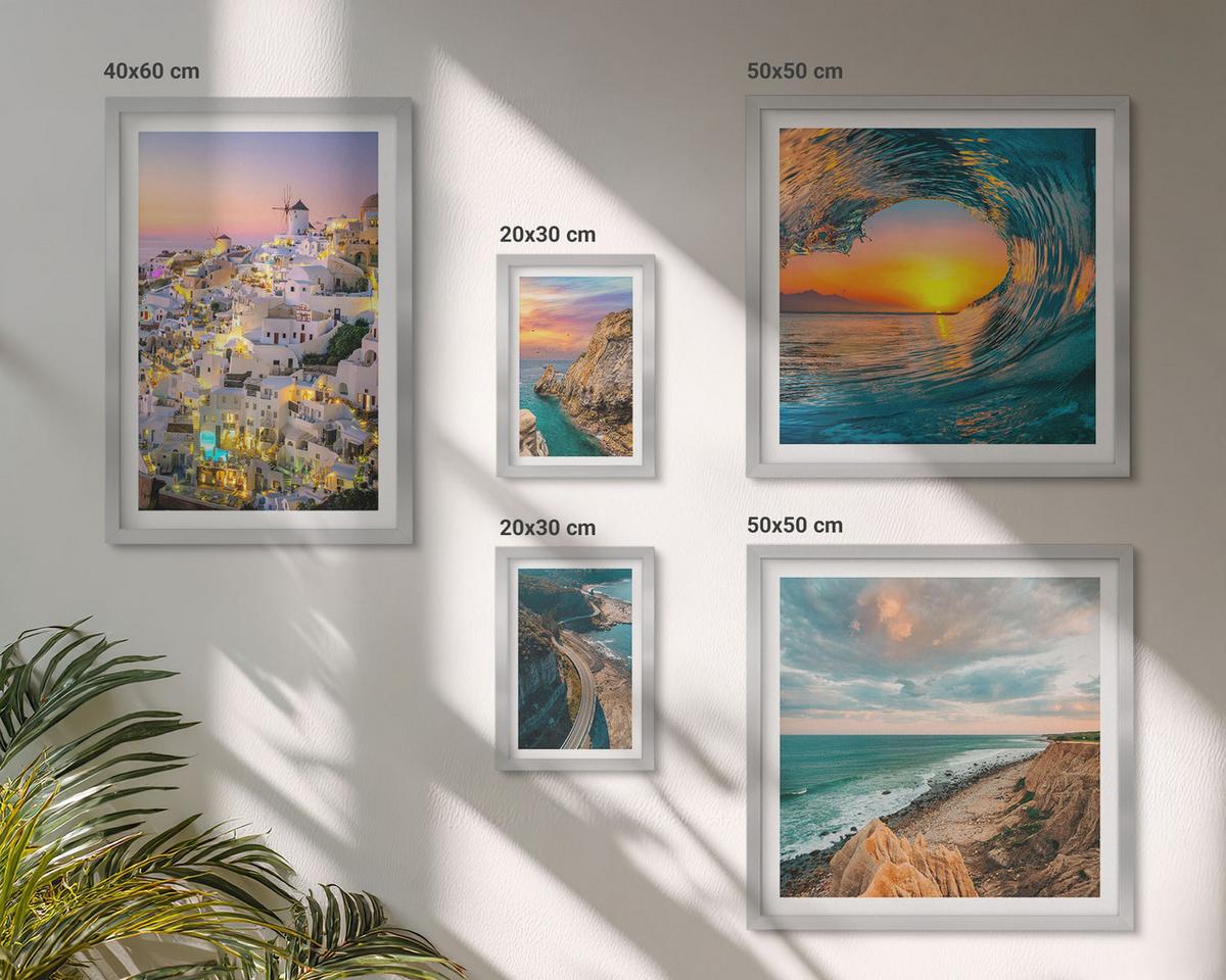 BILDER SET 5er Set - 50x50 cm & 20x30 cm & 40x60 cm Silberner Rahmen - Meereswellen, weiße Häuser, Santorini - Silberfarben, Kunststoff (40/60cm) - TULUP