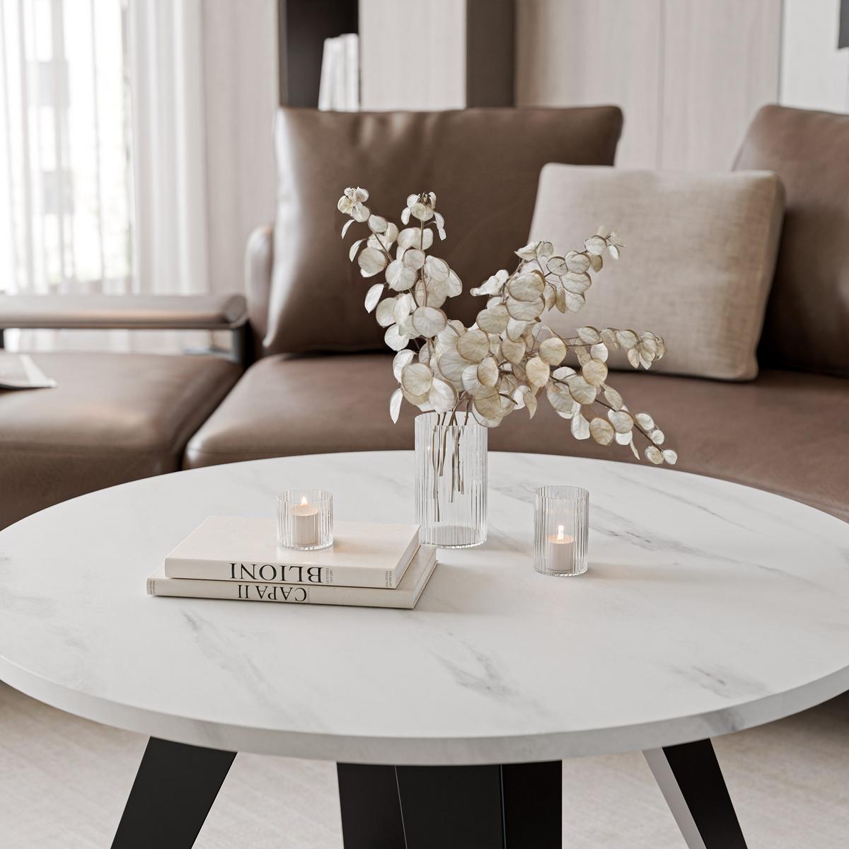 COUCHTISCH FERRO 75/50 cm runden, Schwarz / Marmor Bianco - Perlmutt/Schwarz, Metall (75/75/50cm) - Idohome