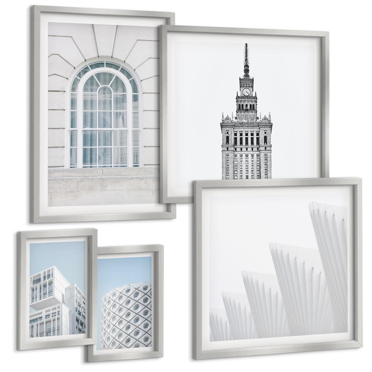 BILDER SET 5er Set - 50x50 cm & 20x30 cm & 40x60 cm Silberner Rahmen - Moderne Architekturgeometrie - Silberfarben, Kunststoff (40/60cm) - TULUP