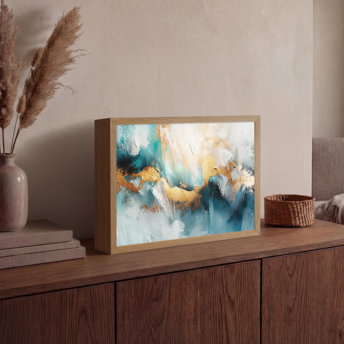 WANDLEUCHTE MIT AKKU Abstrakt - Kunst - Gold - Blau 40x30 cm - Türkis, Holzwerkstoff (40/30/8cm) - OnlyWow