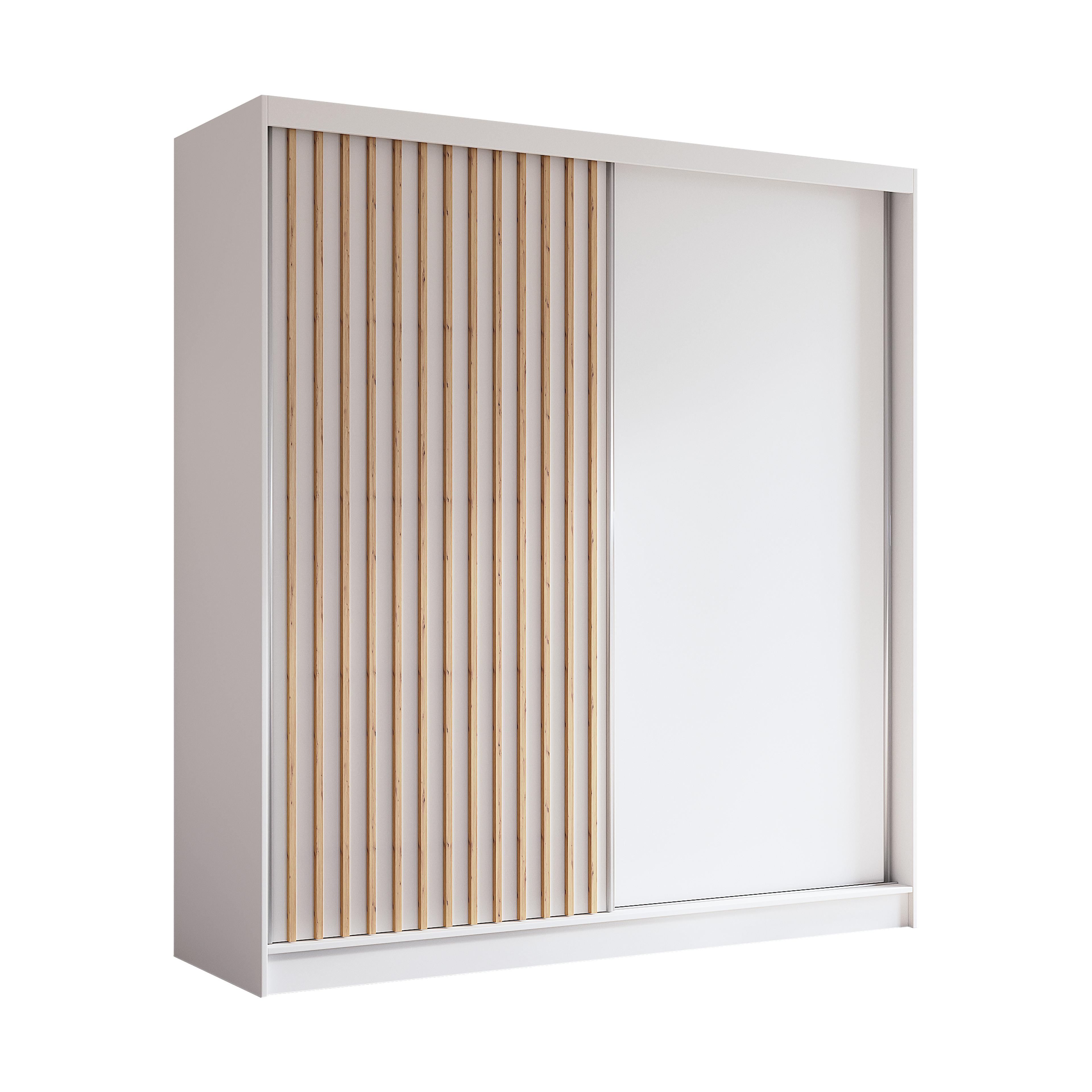 KLEIDERSCHRANK mit furnierten Schiebetüren und Aluminium-Leisten - LABELO - 200 cm Weiß+Weiß+Artisan - Weiß/Eiche Artisan, Holzwerkstoff (200/216/61cm) - ALTDECOR