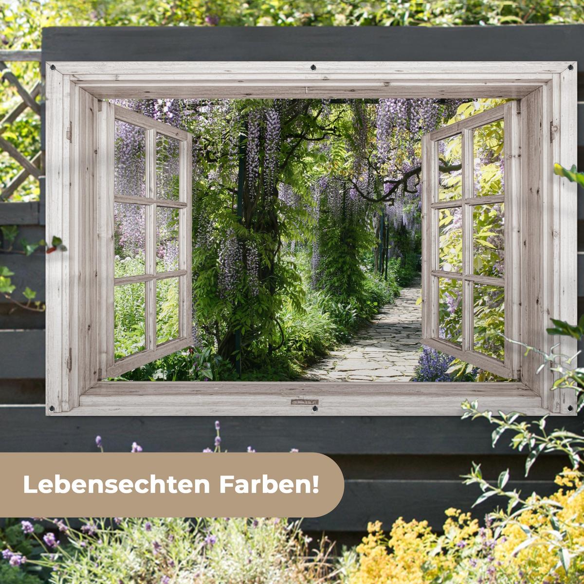 GARTENPOSTER Blauer Regen - Blumen - Aussicht - Baum - Frühling Poster für draußen 180x120 cm - Beige, Kunststoff (180/120/0.2cm) - OnlyWow