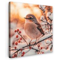 LEINWANDBILD Vogel - Zweig - Winter - Tiere - Schnee Wandbild Wohnzimmer 50x50 cm - Bernsteinfarben, Textil (50/50cm) - MuchoWow