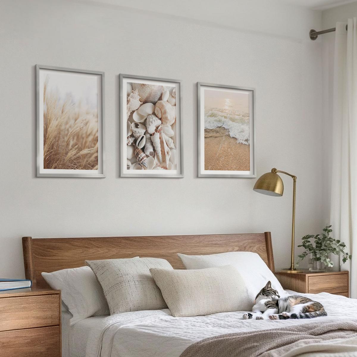 BILDER SET 3er Set - 40x60 cm Silberner Rahmen - Strandmotive, Muscheln, Wellen - Silberfarben, Kunststoff (40/60cm) - TULUP