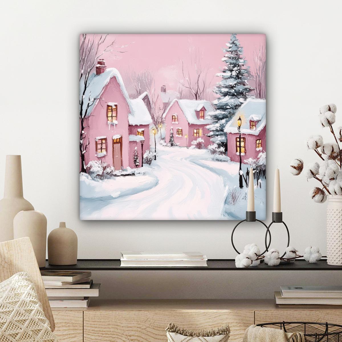 LEINWANDBILD Weihnachtsdorf - Rosa - Winter - Schnee - Häuser Wandbild Wohnzimmer 50x50 cm - Altrosa, Textil (50/50cm) - MuchoWow