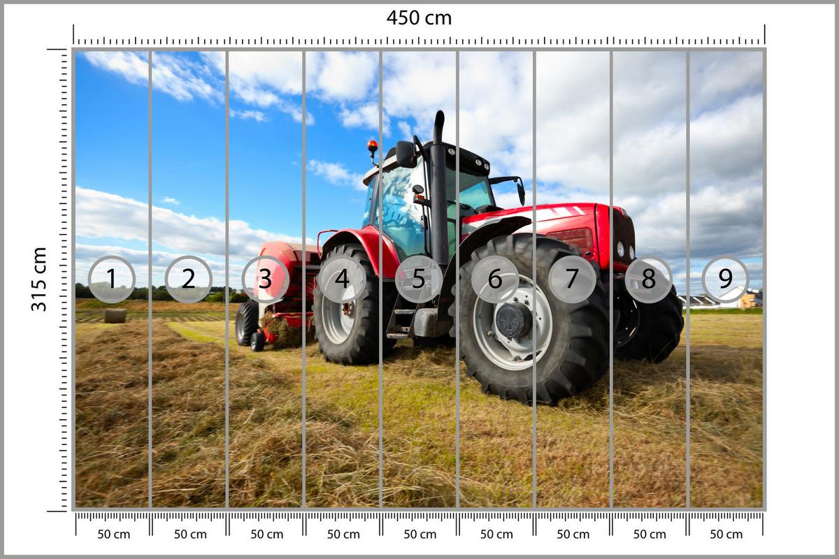 FOTOTAPETE Roter Traktor Feld Ernte Landwirtschaft Rustikal 450x315 - Gelb/Rot, Papier (450/315cm) - Muralo