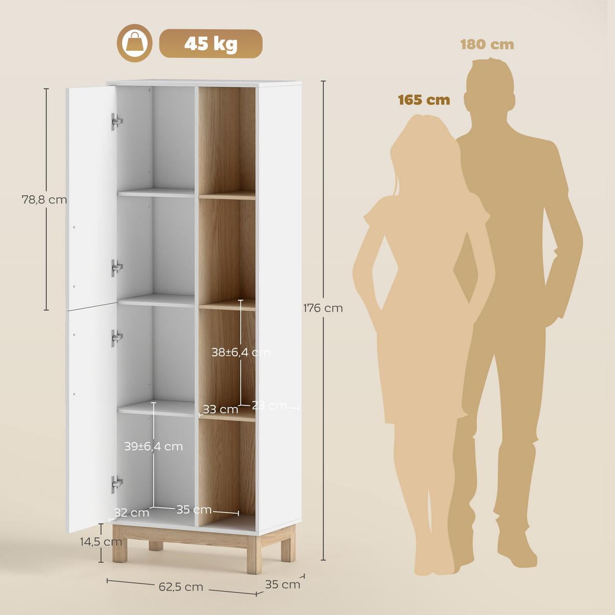 BÜCHERREGAL mit 2 Türen Standregal mit 4 Offenen Ebenen Verstellbaren Ablagen - Multicolor/Weiß, Holzwerkstoff (35/176/62.5cm) - HOMCOM