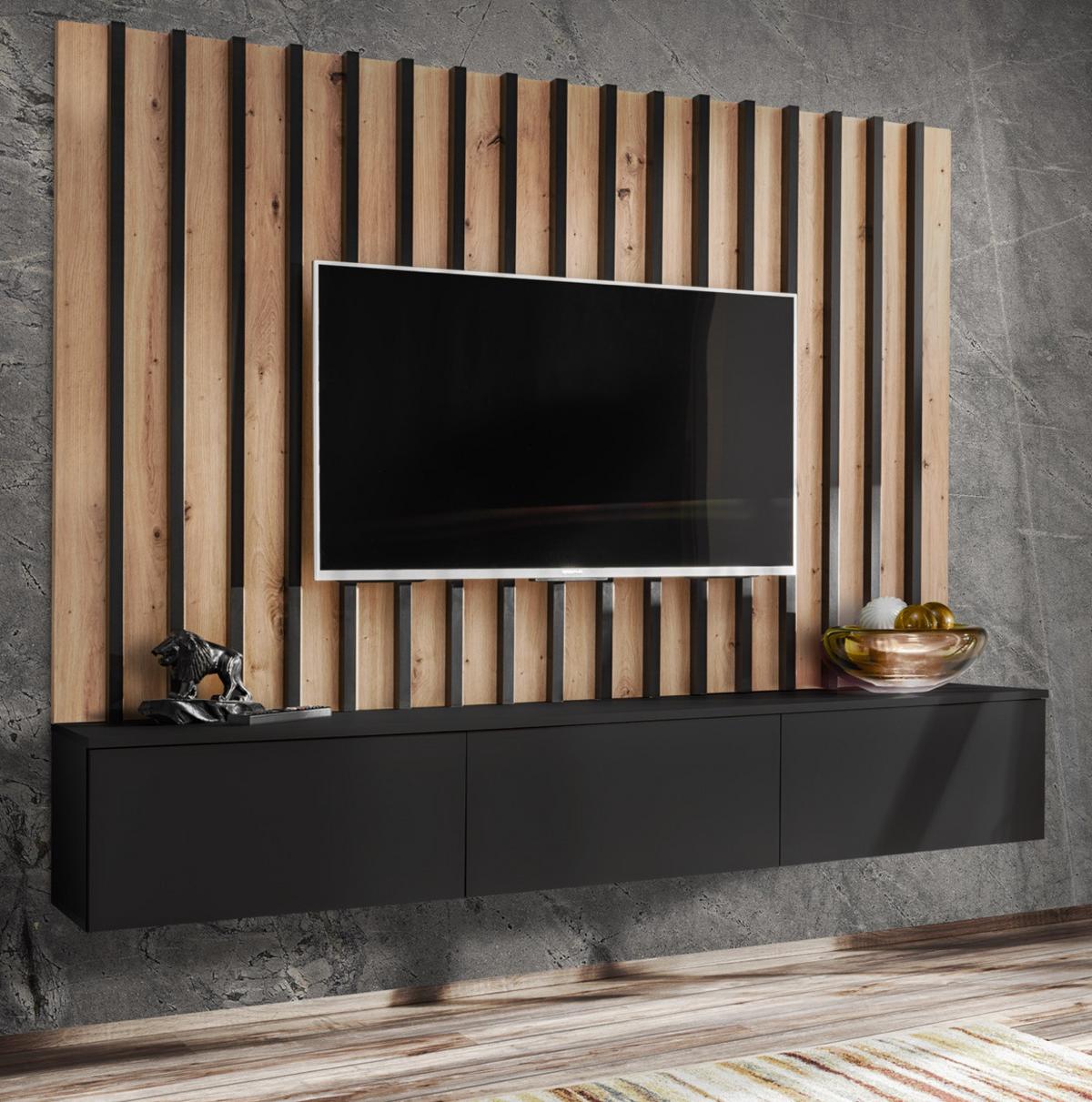 TV LOWBOARD schwarz, Artisan Eiche 180 cm, Set TV-Board inkl. Akustik Wandpanel, Push-to-Open - Schwarz/Eiche Artisan, Holzwerkstoff (180/148/35cm) - Furn.Design
