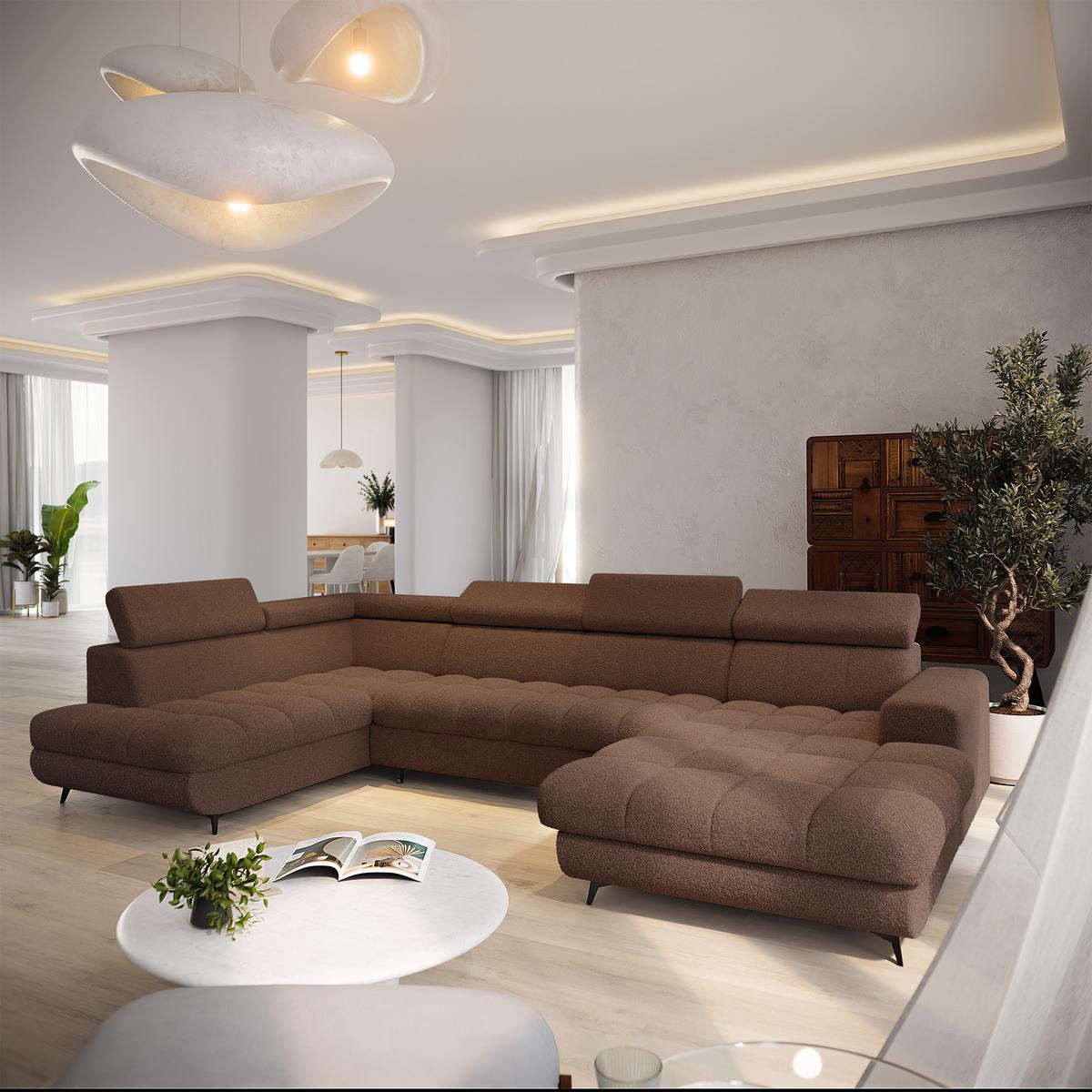 WOHNLANDSCHAFT CORENO Braun Boucle-Stoff mit Schlaffunktion - Braun, Holz (345/88/190cm) - MASSENO