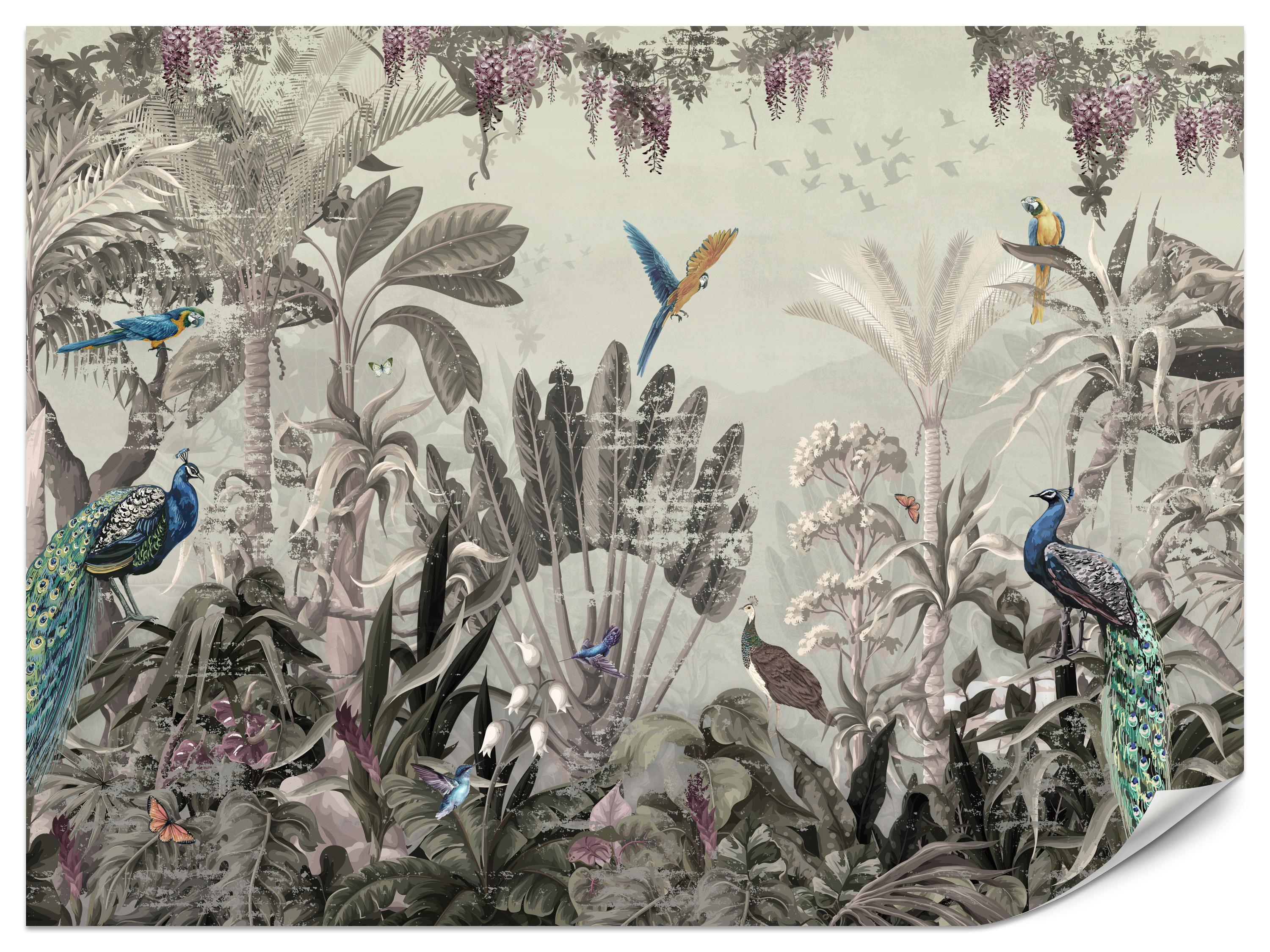 FOTOTAPETE für Wohnzimmer Vintage Tropenwald Palmen Papageien 350x256 - Beige/Grün, Papier (350/256cm) - Muralo