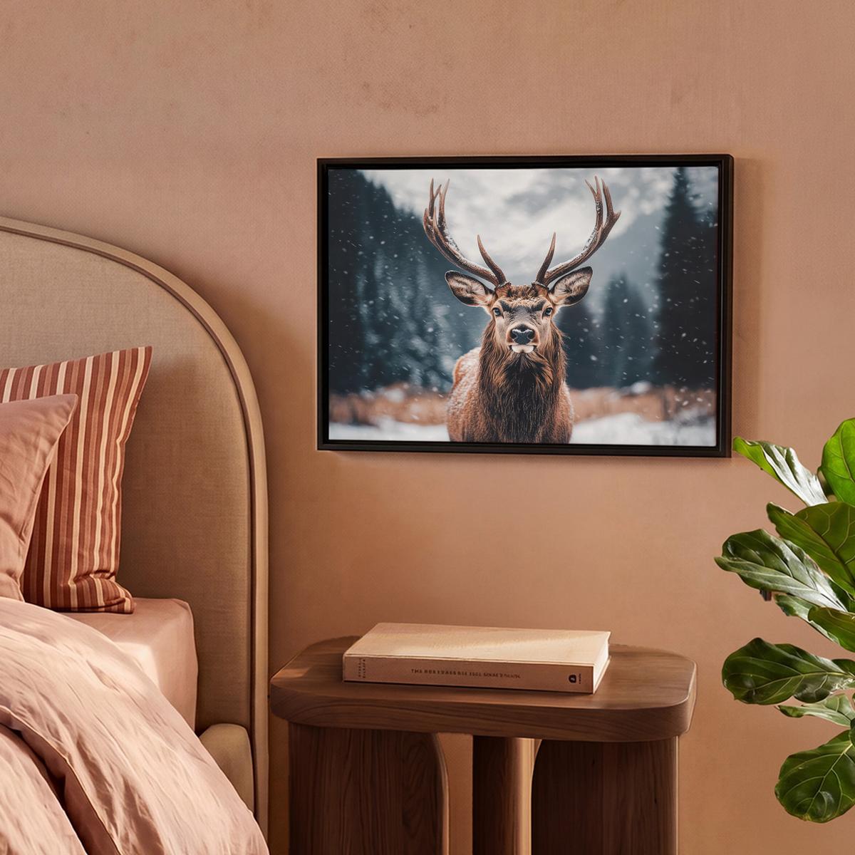 LEINWAND Bilder mit Rahmen - Hirsche - Tiere - Landschaft - Winter - Schnee - 40x30 - Kastanienfarben, Textil (40/30cm) - MuchoWow