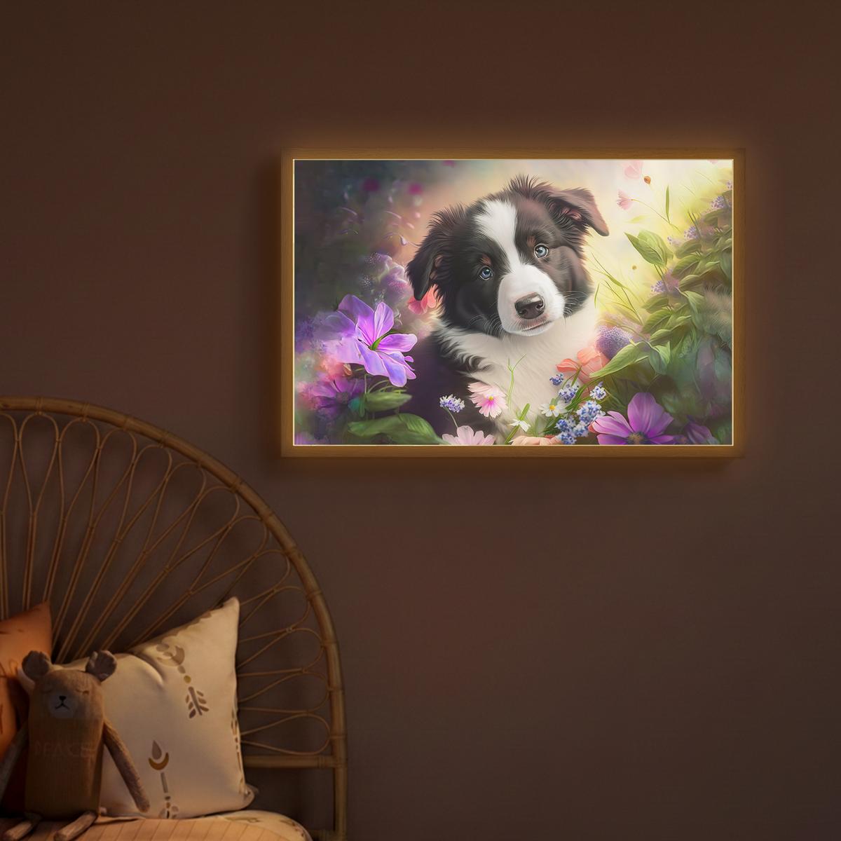 NACHTTISCHLAMPE MIT AKKU Welpe - Sonne - Blumen - Natur - Border Collie - Hund 60x40 cm - Violett, Holzwerkstoff (8/60/40cm) - OnlyWow