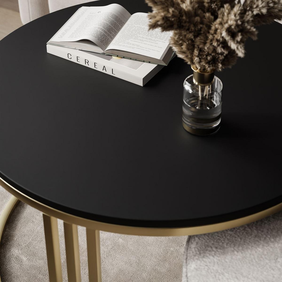 COUCHTISCH mit Hocker LORI MAT gebürstetes Gold/schwarz matt/Perfect Harmony 82 - Schwarz, Metall (70/70/49cm) - Lookway