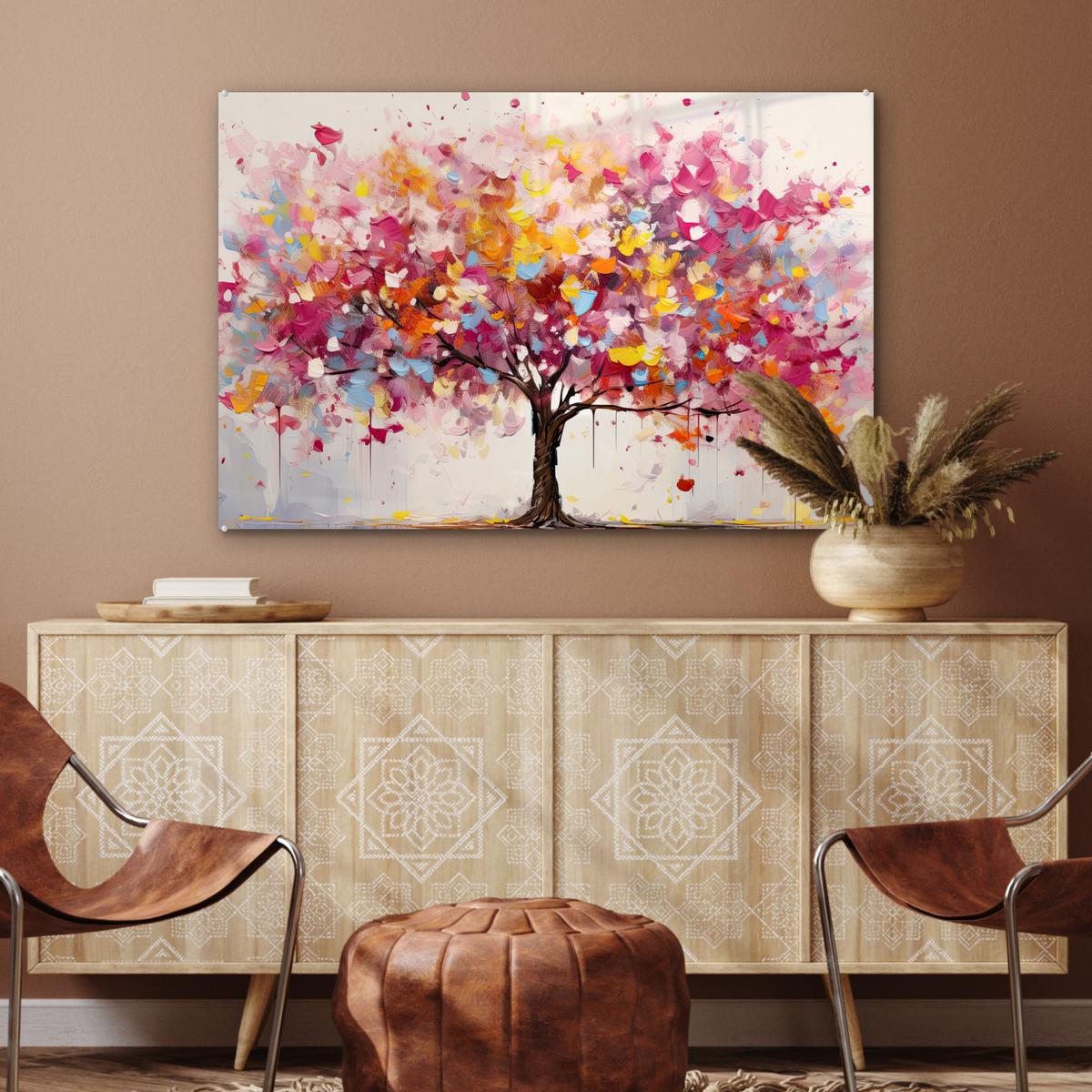 ACRYLGLASBILD Aquarell - Baum - Kunst - Abstrakt Wandbild Schlafzimmer 120x80 cm - Multicolor, Glas (120/80cm) - MuchoWow