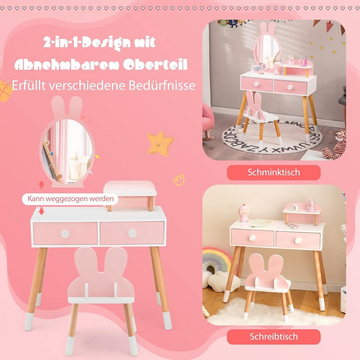 KINDER SCHMINKTISCH Set Pink - Pink, Holz (78/110/37cm) - COSTWAY