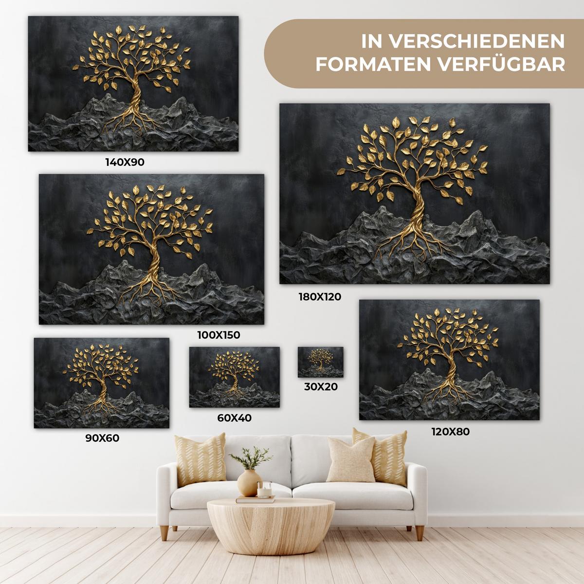 LEINWANDBILD Blätter - Gold - Baum - Fels Deko Schlafzimmer 30x20 cm - Schwarz, Textil (30/20cm) - MuchoWow
