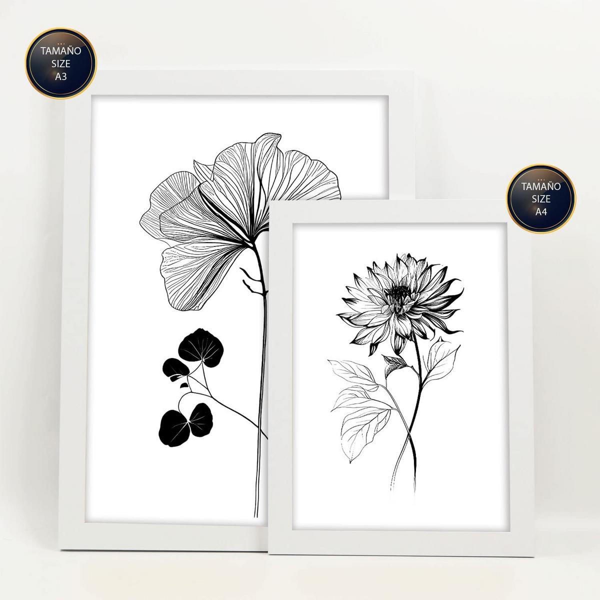 POSTER Set Mit 6 Belaubte Blumen Natur Und Botanikdrucke Mit Blumenmotiven In Klassischem Schwarz Und Weiß Innenarchitektur A3 & A4 Weißer Rahmen - Weiß, Papier (29/3cm) - Nacnic